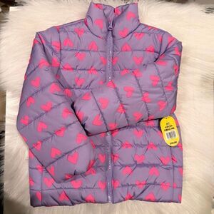 Lightning Bug Toddler Girls Puffer Jacket Purple w/ Pink Hearts 4T NWT